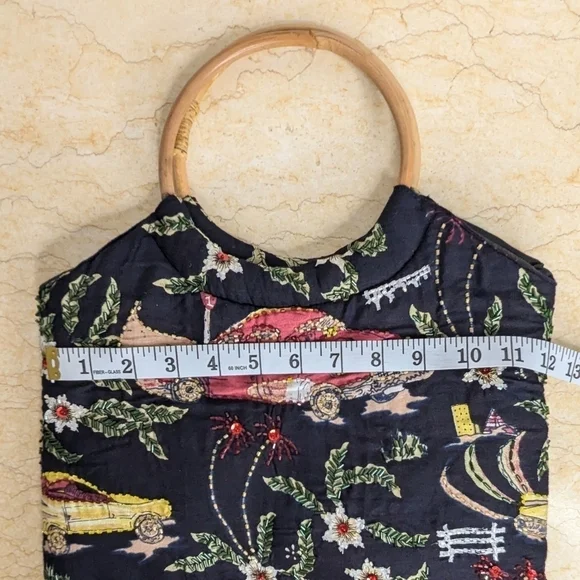 Vintage Hand Beaded Retro Cars Fringe Black Purse Boho Tote Bamboo Handle - Picture 11 of 13